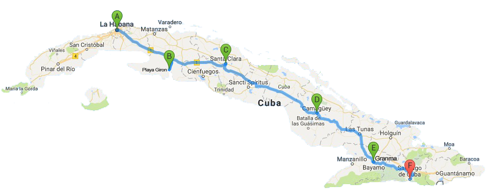 Havana-Playa Giron-Santa Clara-Camaguey-Granma-Santiago de Cuba